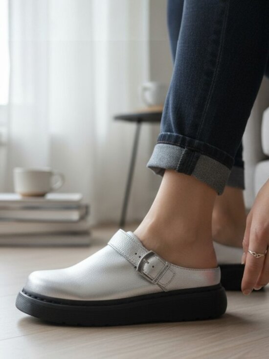 Dr. Martens Shoes - Dr. Martens Laketen Silver Leather Platform Chunky Convertible Sling Back Clog